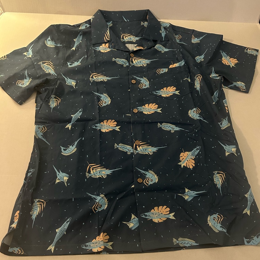 Navy Blue Fish Print Men's Shirt